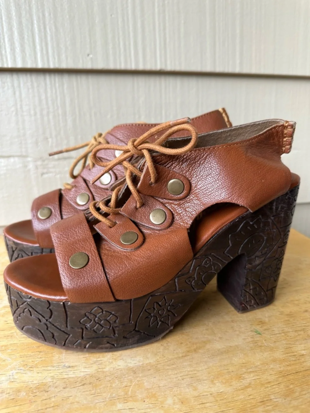Free People Farrah Brown Leather Wooden Heel Engraved Platform Sandal Brown